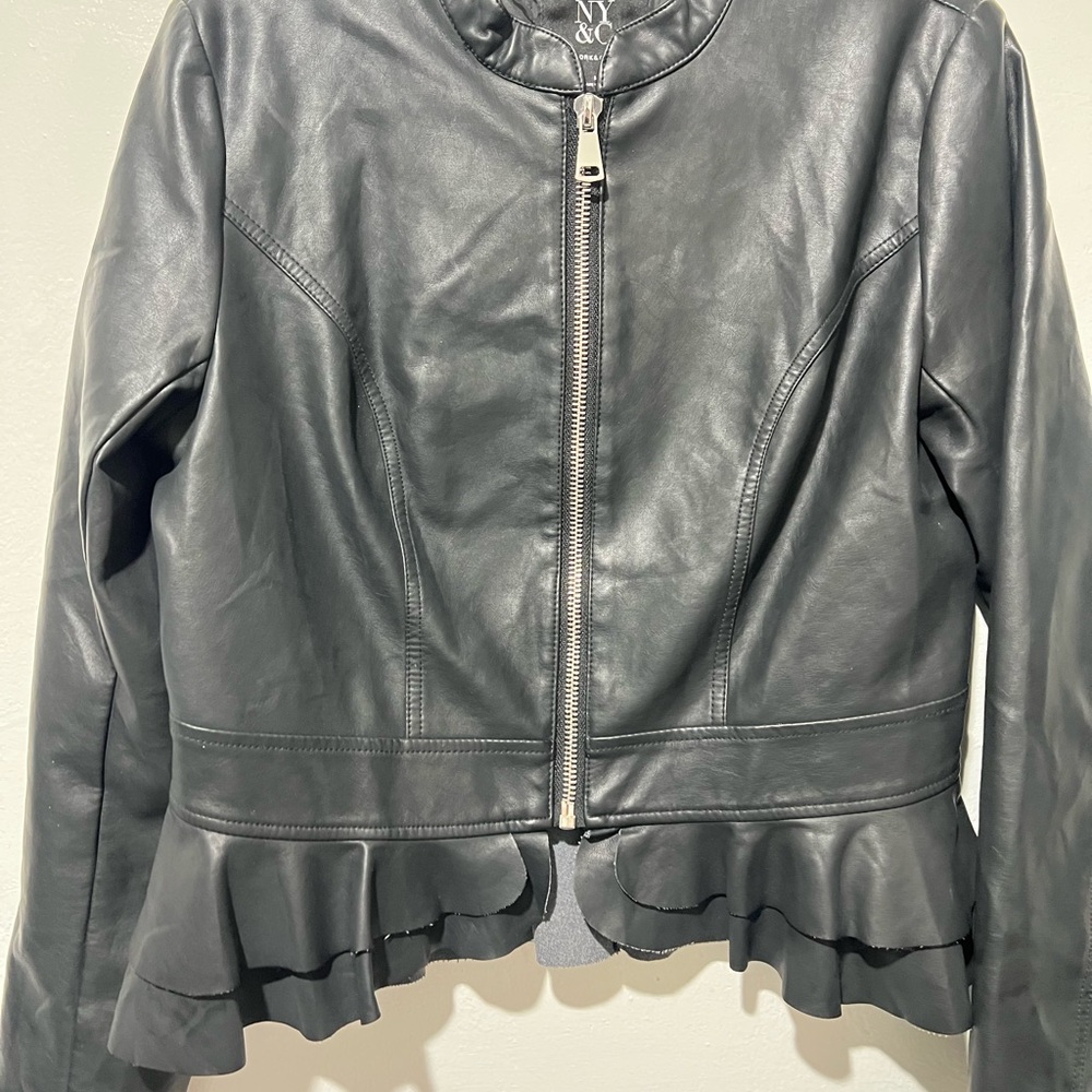 New York & Company Black Leather Jacket with Ruffle Detail